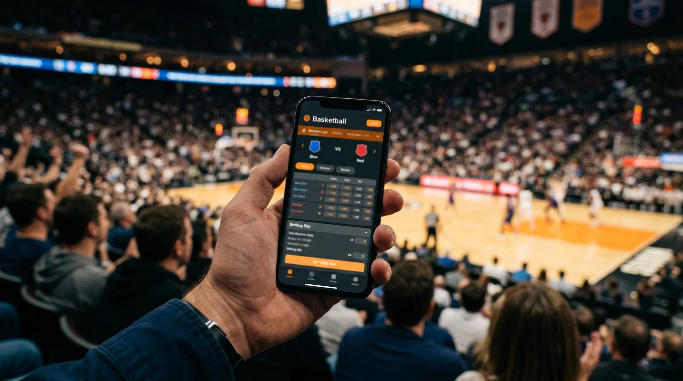 Mano sosteniendo un teléfono móvil con una app de apuestas de baloncesto en un pabellón deportivo