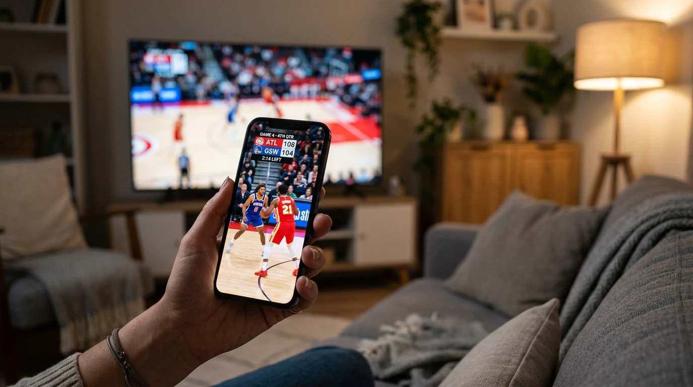 Persona usando un teléfono móvil para seguir un partido de baloncesto de la Liga Endesa