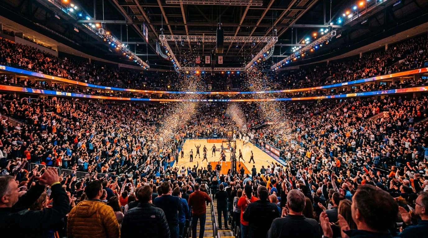 Pabellón de baloncesto lleno de aficionados animando durante un partido de la Liga Endesa