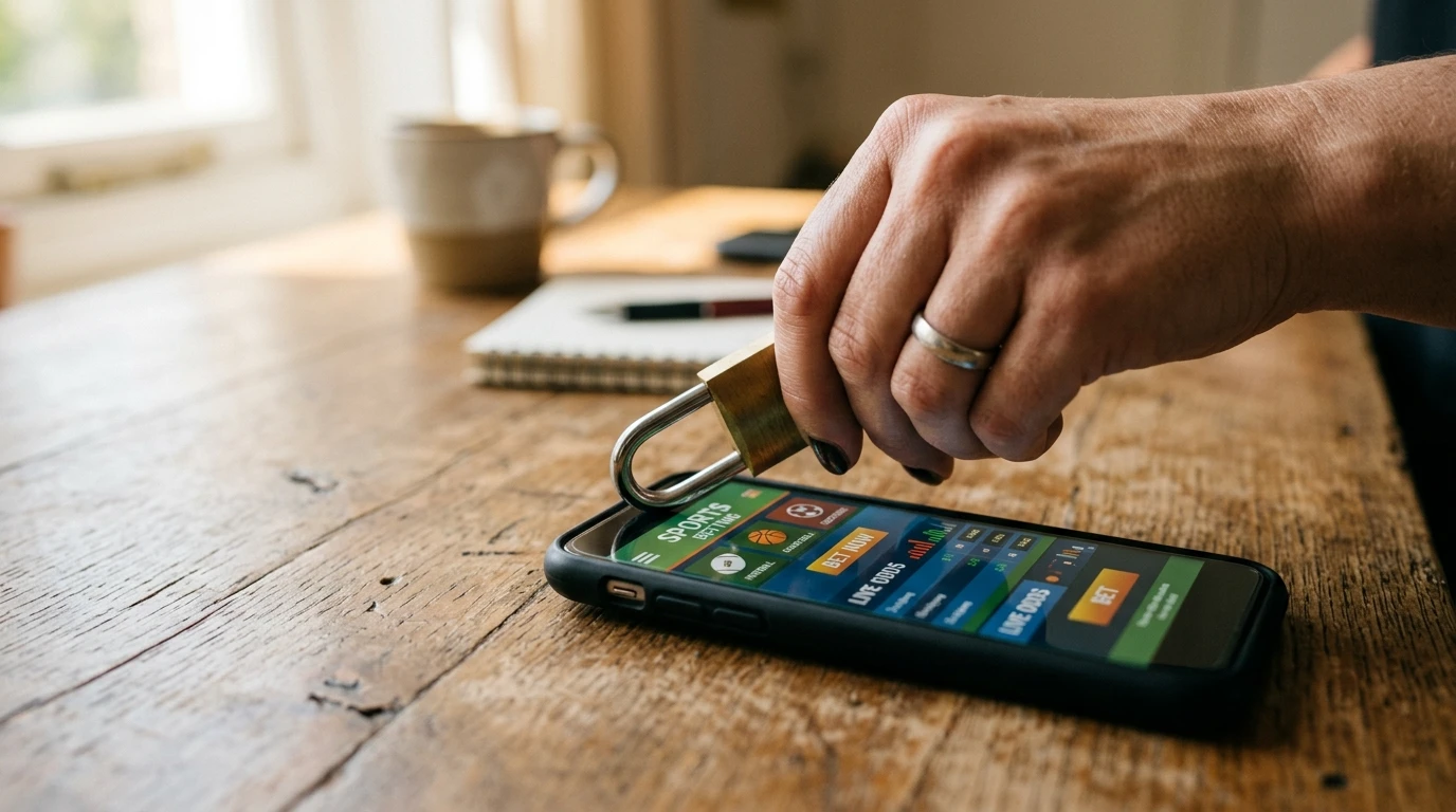 Mano de una persona cerrando con llave un candado sobre un teléfono móvil con una app de apuestas deportivas