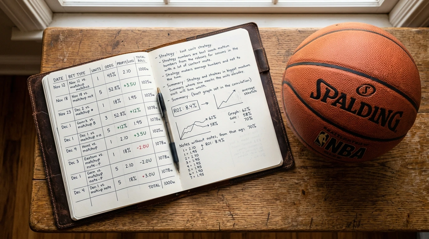 Cuaderno con anotaciones de gestión de bankroll junto a un balón de baloncesto sobre una mesa de madera