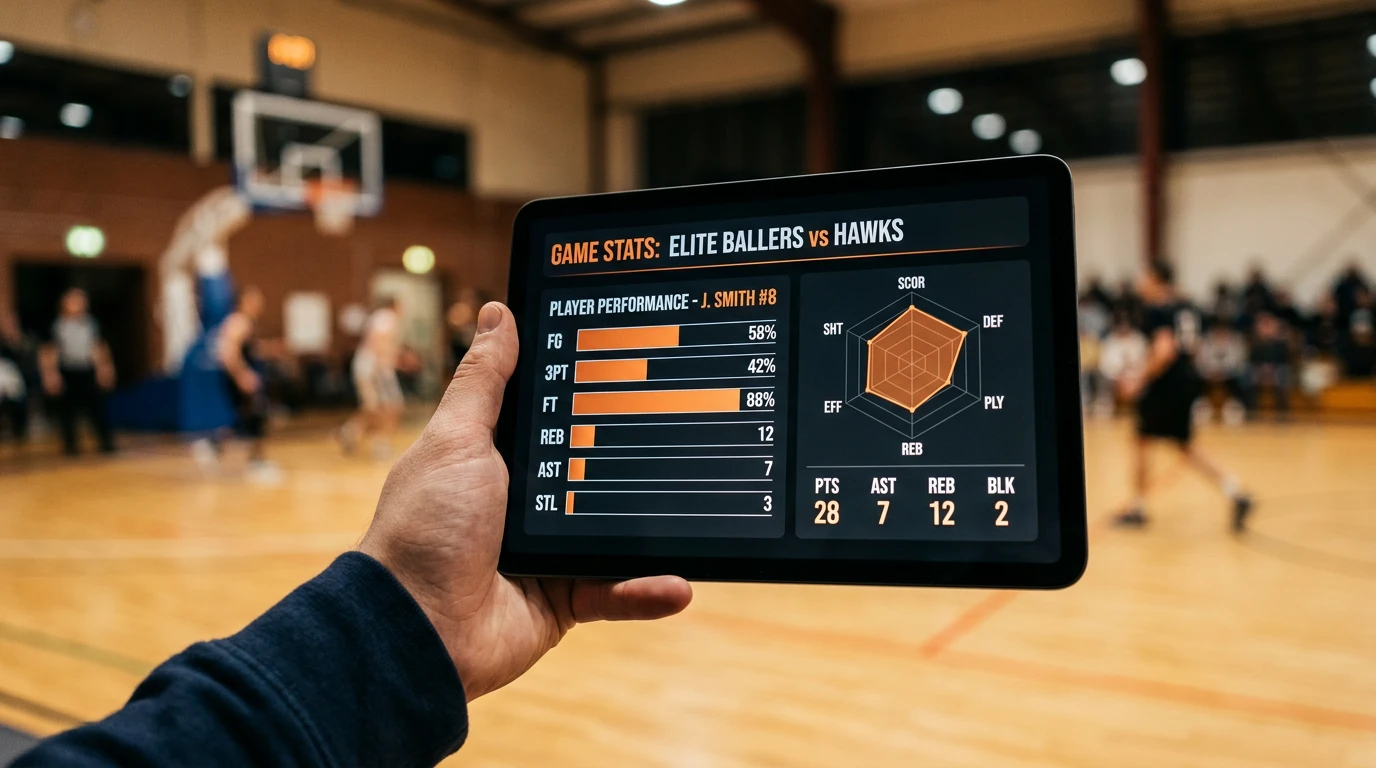 Analista revisando estadísticas avanzadas de baloncesto en una tablet con datos de la Liga Endesa