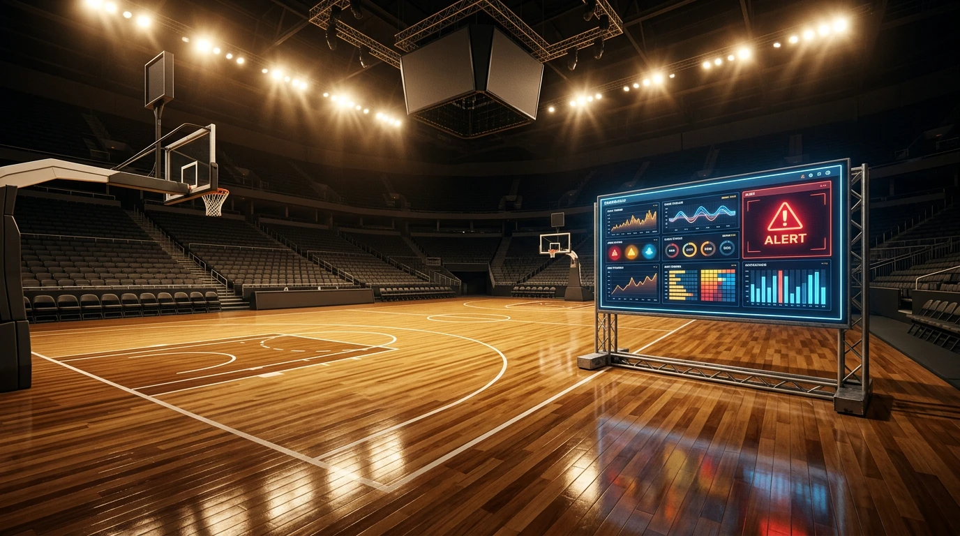 Pista de baloncesto profesional iluminada con un panel de control de monitoreo de apuestas en primer plano