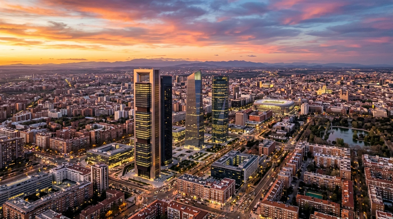 Vista aérea del skyline de Madrid al atardecer con gráficos de crecimiento económico superpuestos