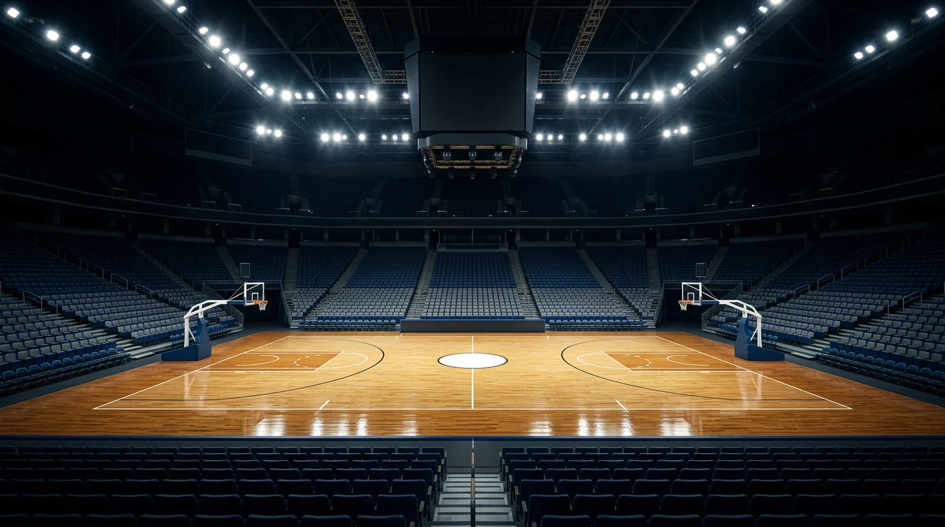 Pabellón de baloncesto profesional vacío con focos encendidos y gradas al fondo