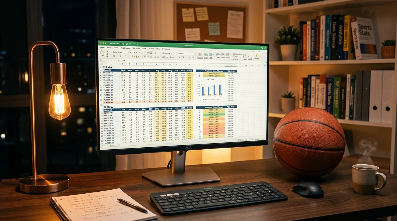 Pantalla de ordenador con hojas de cálculo de estadísticas de baloncesto y un balón de baloncesto al lado